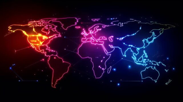 A neonlit world map on a dark background, with a gradient of colors transitioning from red to blue. The map is dotted with various lines and points of interest.