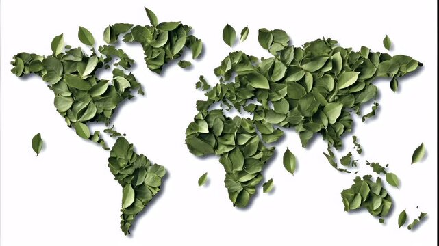 Aerial view of a world map made of green leaves against a white background. The leaves are in various stages of falling, creating a sense of movement and depth.