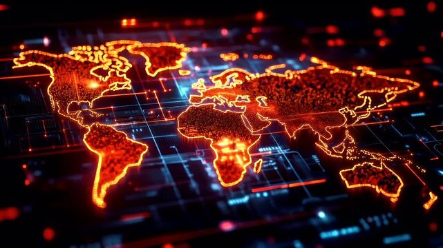 A digital world map overlaid with glowing lines and dots, set against a dark background with a circuit board texture. The map is illuminated with a warm, fiery orange hue.