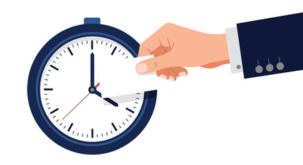 Professional businessman hand adjusts the hands of a classic analog wall clock symbolizing time management and scheduling in an office.