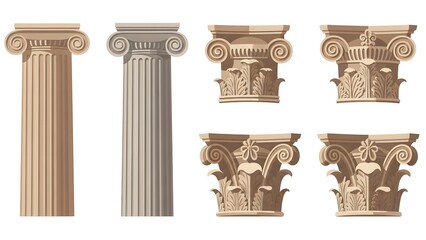 Obraz premium Two Full Architectural Columns and Four Decorative Column Capitals in Warm Tones