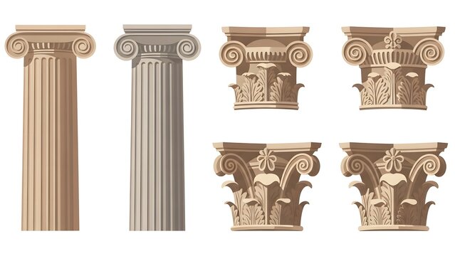 Two Full Architectural Columns and Four Decorative Column Capitals in Warm Tones