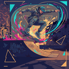 Obraz premium Dynamic Kickflip Action Skateboarder In Urban Park