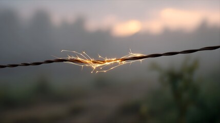 Barbed wire glows with sparks at sunrise framed by misty rural dawn light