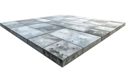 Elevated perspective of a concrete tiled surface, isolated on black, showing varying textures