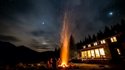 Nighttime Bonfire with Stars and House - A Serene Outdoor Gathering.