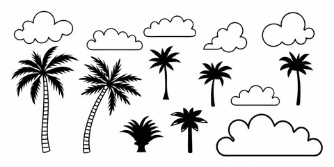 Tropical scene with palm trees and fluffy clouds in a simple black and white style © Tusar