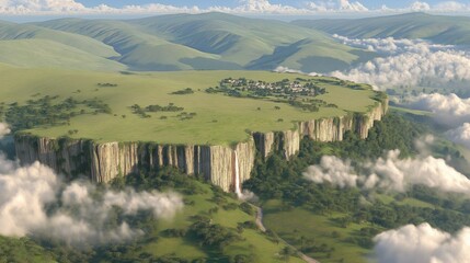 Aerial view of high green hills with clouds overlooking huge white cliffs and rock formations surrounding an ancient village on grasslands