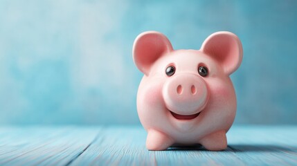 A cheerful piggy bank smiles while resting on a wooden table with a soft blue background. This cute decoration is perfect for inspiring savings and financial habits.
