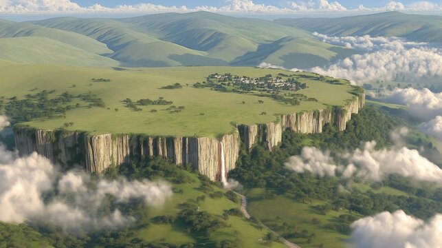 Aerial view of high green hills with clouds overlooking huge white cliffs and rock formations surrounding an ancient village on grasslands - Powered by Adobe