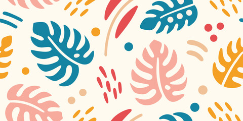 Obraz premium A vibrant seamless pattern featuring stylized tropical leaves and abstract shapes