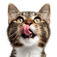 Playful cat sticking out tongue, funny portrait isolated on white