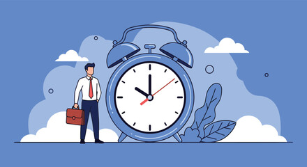 Professional businessman in a suit standing next to a giant blue alarm clock to represent time management and deadlines.