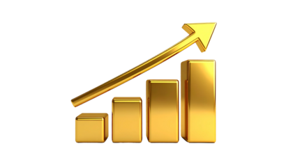 A golden bar graph shows upward progress, with an arrow indicating a positive trend on black