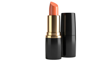 Coral lipstick open with separate cap, set against a stark black background