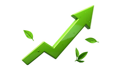 Glossy green arrow pointing upwards with leaves, suggesting growth, isolated on black