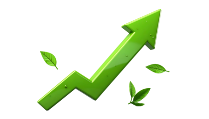 Glossy green arrow pointing upwards with leaves, suggesting growth, isolated on black