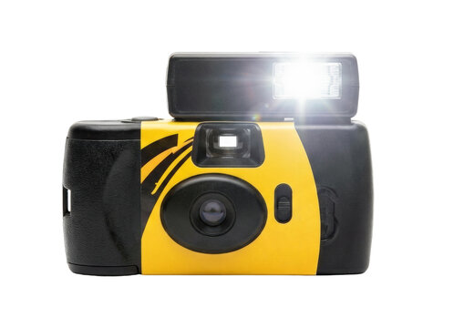 Disposable film camera with bright flash. Retro photography equipment.