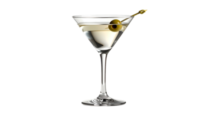 Classic martini cocktail, clear liquid, olive garnish, elegant stemware, dark backdrop