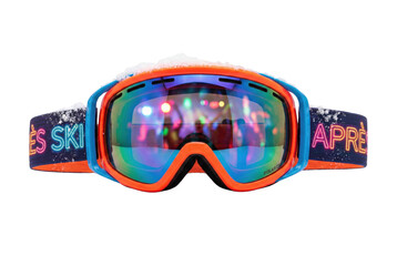 Ski goggles with neon apres ski strap and snow. Winter sport accessory.