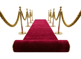 Long red carpet path with gold stanchions. Celebrity award walkway.