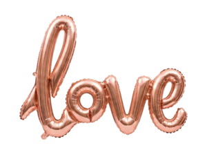 Rose gold foil balloon spelling love. Romantic decoration.
