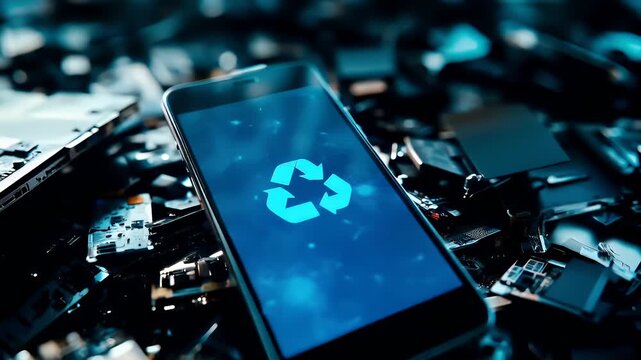 Recycling. Environment conservation. Waste management. A closeup shot of a smartphone surrounded by electronic waste. The phones screen displays a recycling symbol.