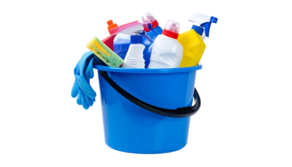 A blue bucket overflowing with an assortment of cleaning supplies