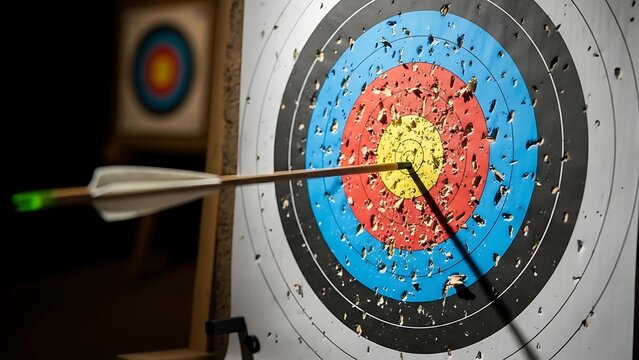 A professional arrow strikes the yellow bullseye of a worn archery target in a dimly lit practice range setting.