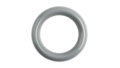 A glossy, gray torus shape isolated against a stark black background, floating