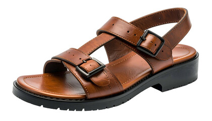 Naklejka premium Studio shot of a brown leather sandal, thick black sole, buckles, and straps visible