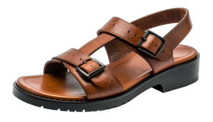 Studio shot of a brown leather sandal, thick black sole, buckles, and straps visible