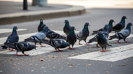 Group of pigeons crossing street together.