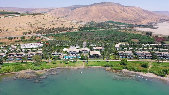 Aerial view of the Setai Hotel located on the shore of the Sea of ​​Galilee, Tsa'alon Beach near Ein Gev