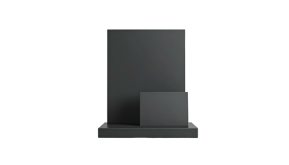 A dark grey display stand with a large vertical rectangle and a smaller square shape, isolated