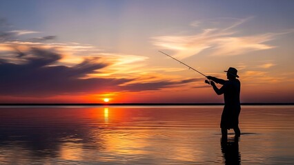 Man fishing during beautiful sunset.