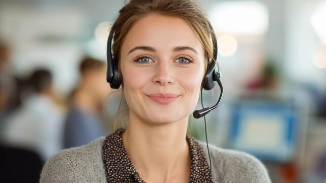 Smiling young woman in office with headset, blue eyes, blonde ponytail, collared blouse, blurred colleagues background