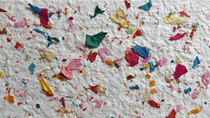 Fototapeta premium This composition showcases colorful bits of paper embedded in a sheet, highlighting various hues and textures. The background is a soft white, enhancing the lively confetti-like design.