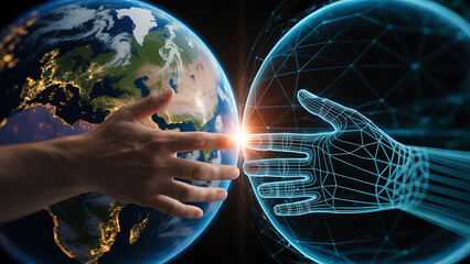 Human and robotic hands connect globally with technology