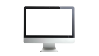 Modern, silver computer screen with blank, white display, isolated on a black background