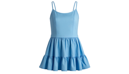 Light blue sundress with thin straps, gathered bodice, and tiered skirt, set against black