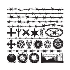 Barbed Wire Set Silhouette Illustration in Black Style