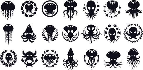 Collection of black and white octopus and jellyfish silhouettes with various decorative © Ambia Art