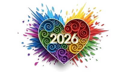 Vibrant rainbow heart with swirling patterns and 2026 text