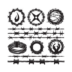 Barbed Wire Set Silhouette Illustration in Black Style