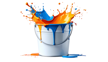 A white bucket overflows with vibrant blue and orange paint, creating a dynamic splash