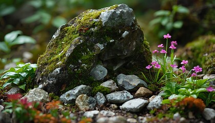 Tiny Pink Flowers Blooming Beside a Moss-Covered Rock in a Forest Setting