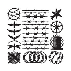 Collection of various barbed wire illustrations and symbols