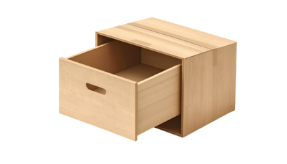 A light-colored wooden nightstand with an open drawer, set against a transparent background