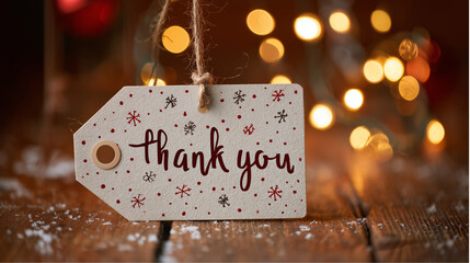 Thank you" gift tag with festive snowflake decorations rests on a rustic wooden table dusted with artificial snow, illuminated by warm bokeh lights, conveying gratitude and holiday appreciation.